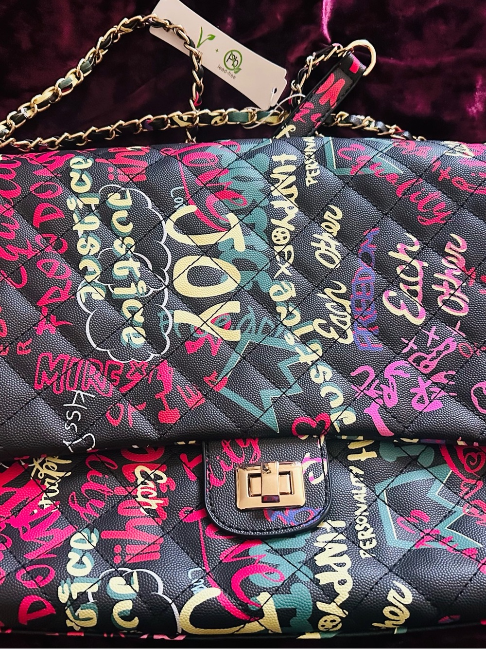 NEW! ✨ Quilted Graffiti Print Chain Shoulder Bag & Matching Wallet Multicolor - Picture 2 of 13